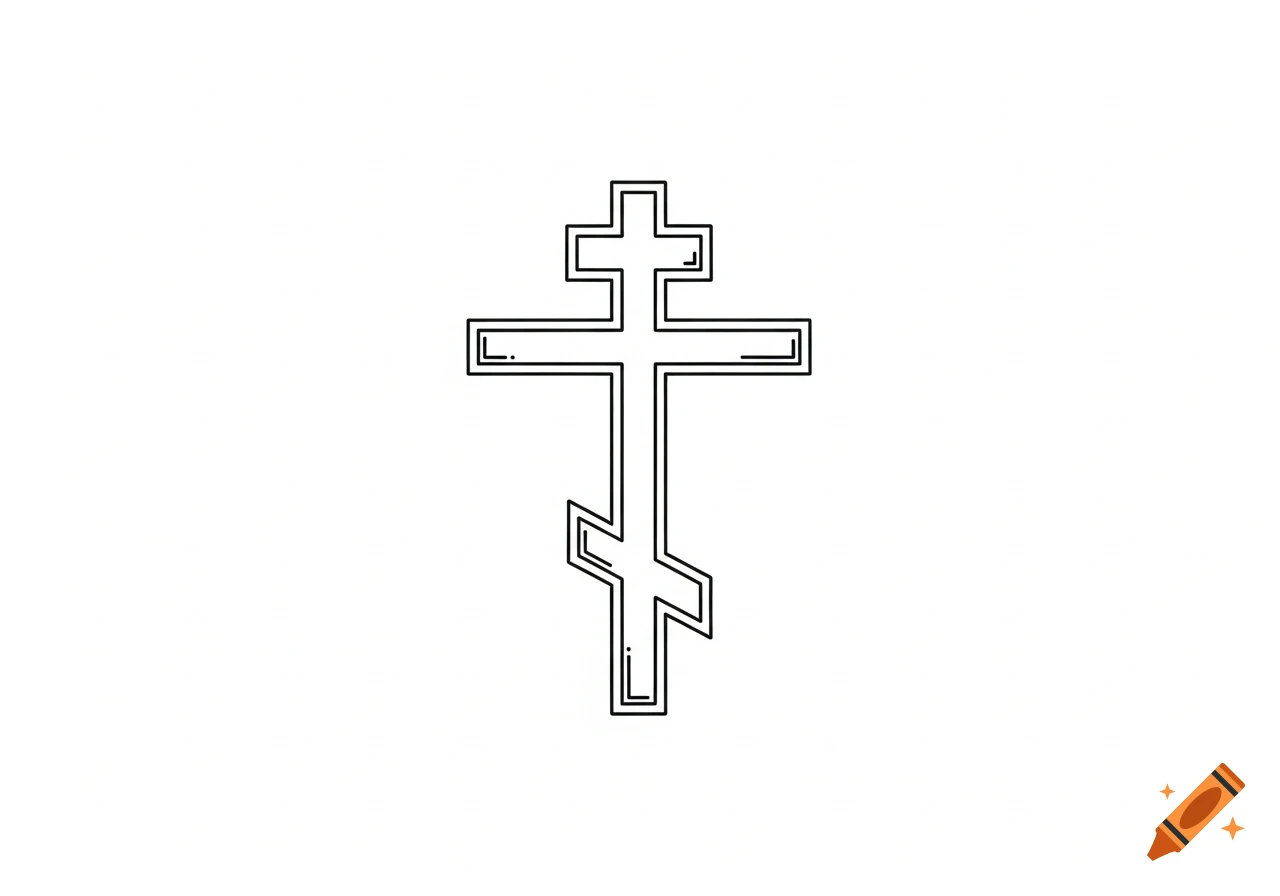 An outline of a Russian Orthodox cross drawn in black lines on a plain white background.