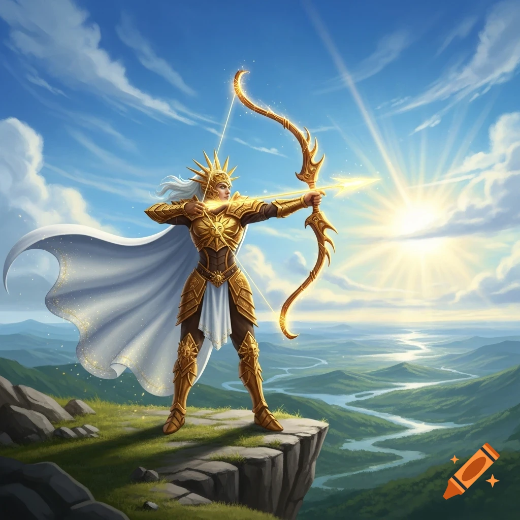 A solar archer in golden armor and white cape stands on a cliff, aiming a glowing bow and arrow towards the bright sun over a sprawling green valley and river, in a fantasy art style.