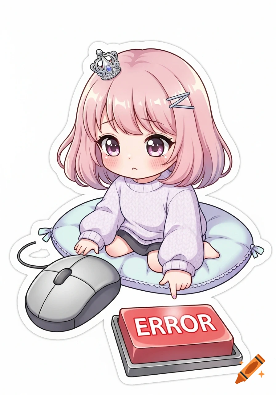A cute chibi anime girl with pink hair and a crown points at a large red 'ERROR' button next to a computer mouse.