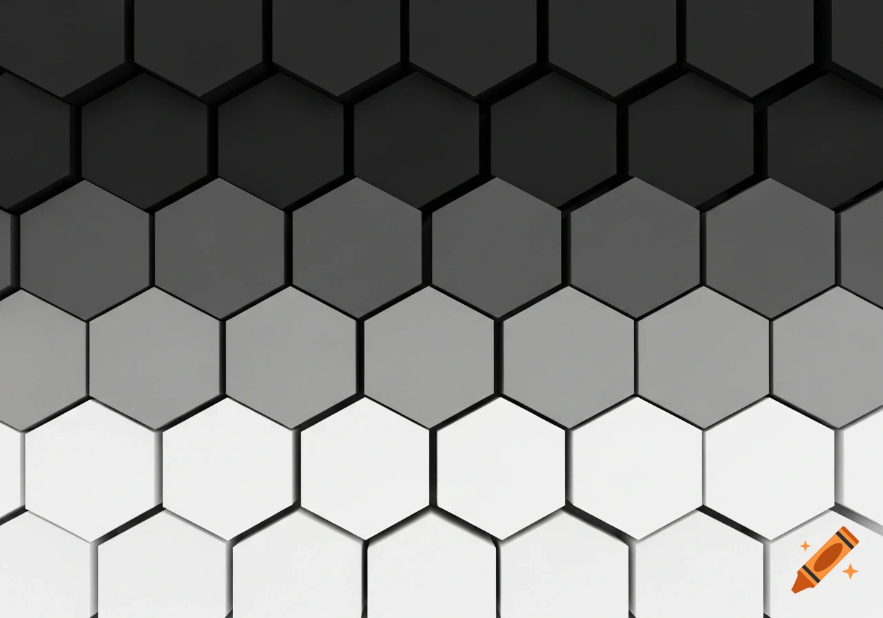 A pattern of hexagonal tiles in a gradient from white at the bottom to gray in the middle and black at the top.