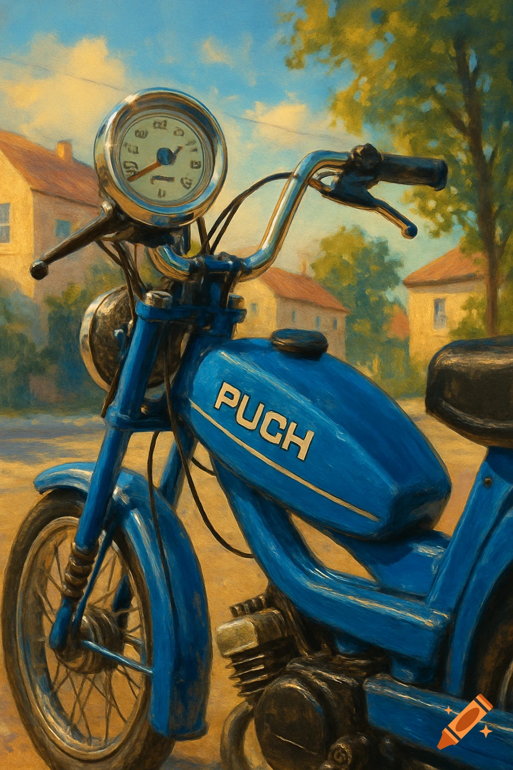 A blue 80s Puch moped with a visible speedometer in a painterly style, parked in front of houses.