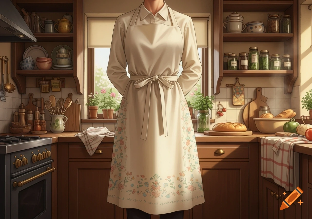 A person wearing a floral-trimmed apron stands in a cozy, sunlit kitchen with shelves of pottery and fresh bread.
