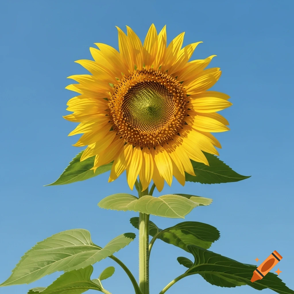 A vibrant yellow sunflower with green leaves stands against a clear blue sky.