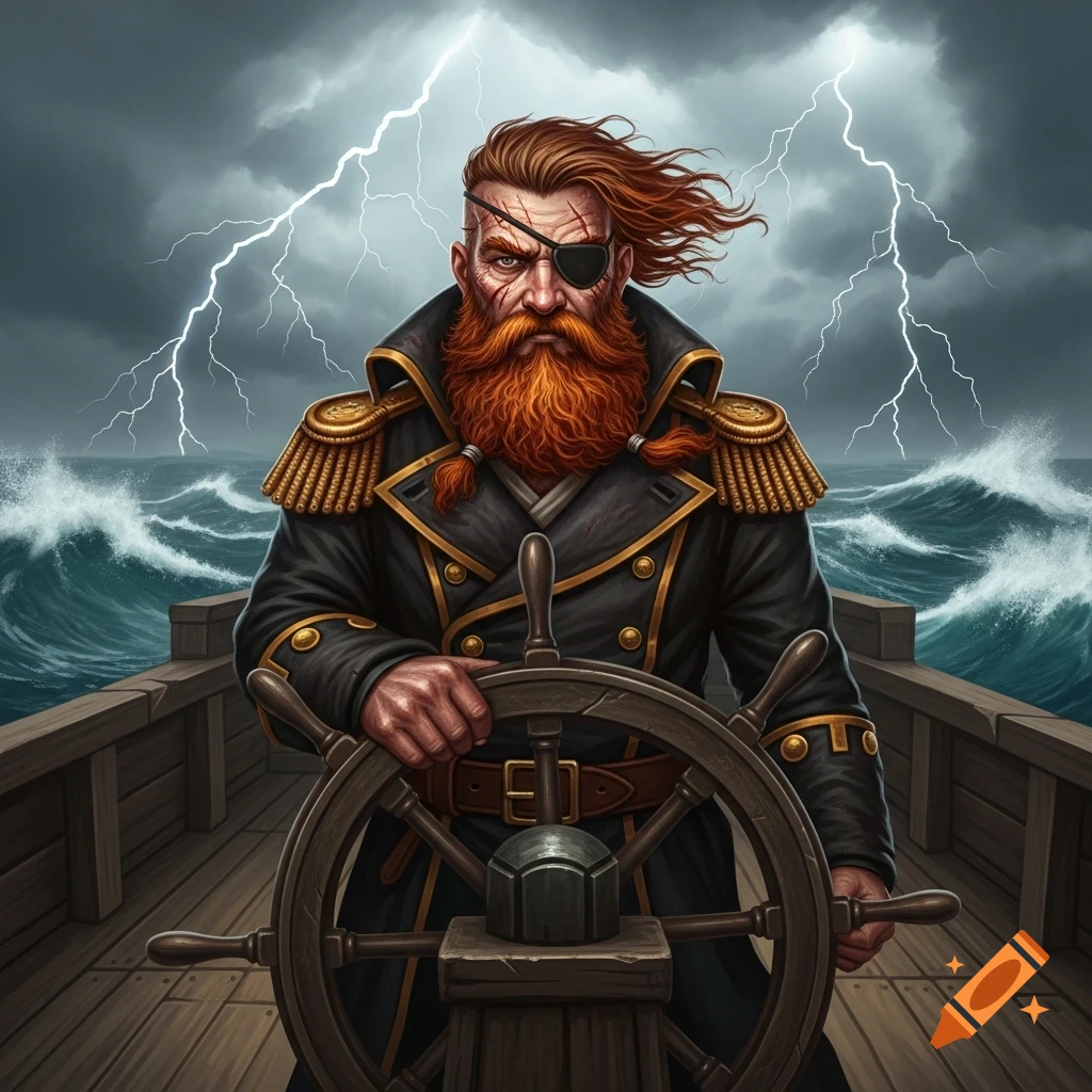A grizzled red-bearded captain with an eyepatch steers a ship in a stormy sea with lightning. Detailed illustration.