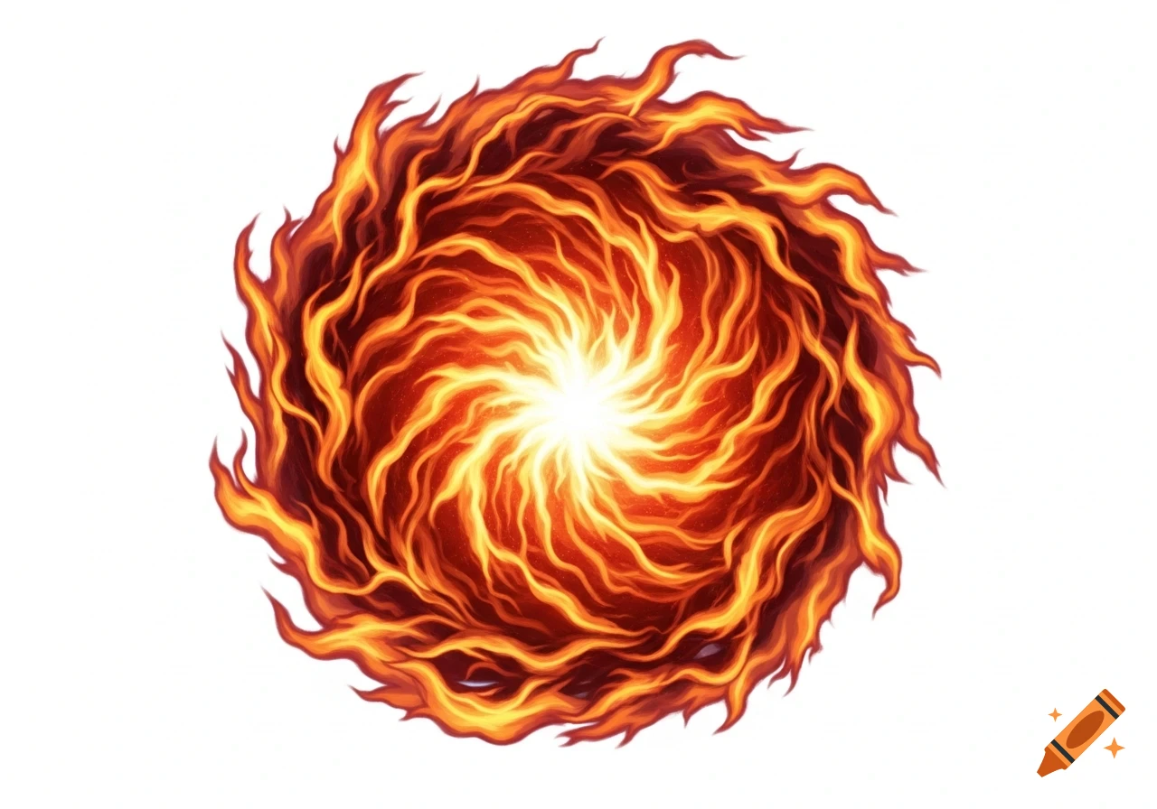 A vibrant swirling fireball of orange and red flames with a bright white core, set against a plain white background.