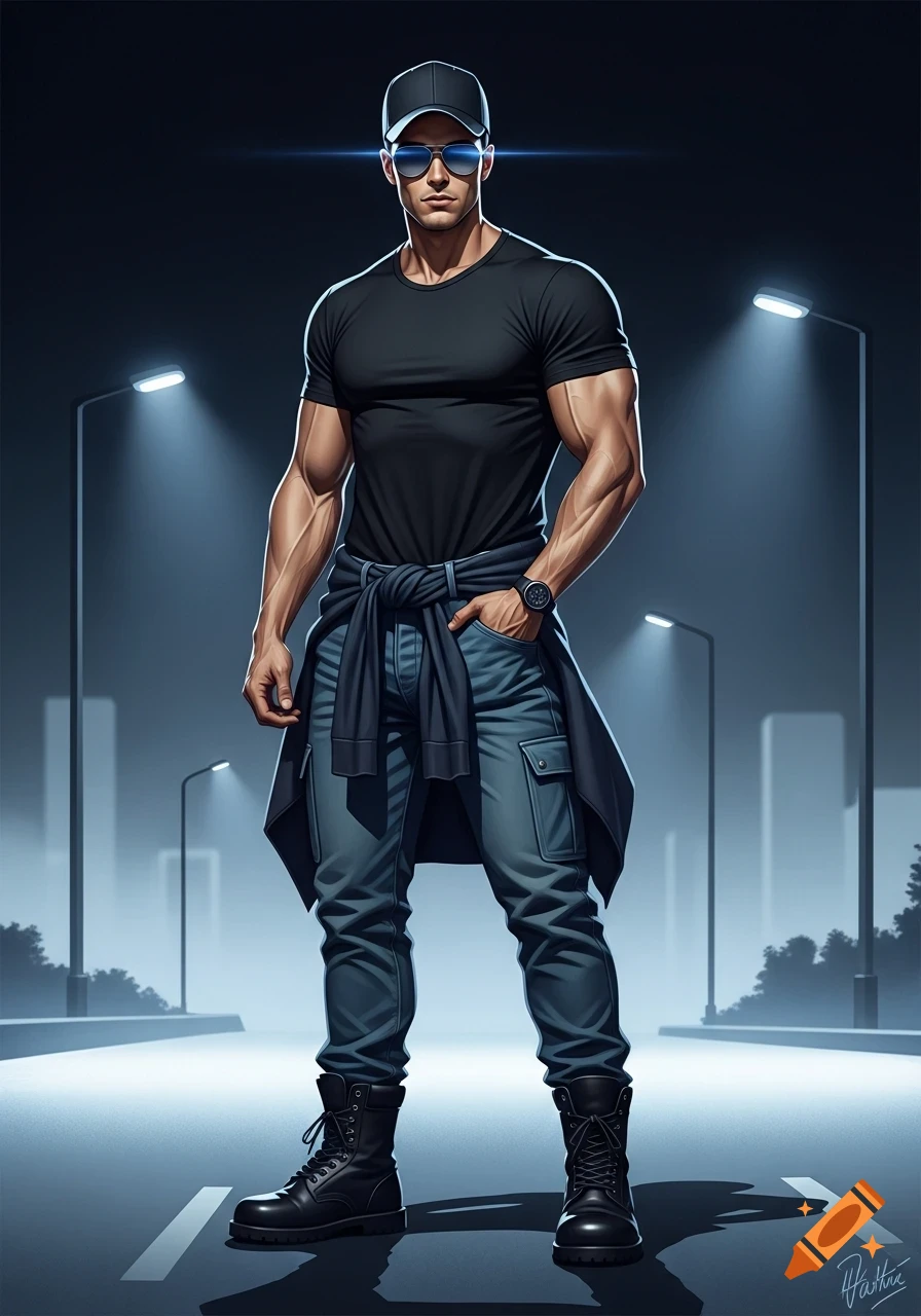 A muscular man in a black t-shirt, blue jeans, black boots, ball cap, and sunglasses stands on a street at night. A jacket is tied around his waist.