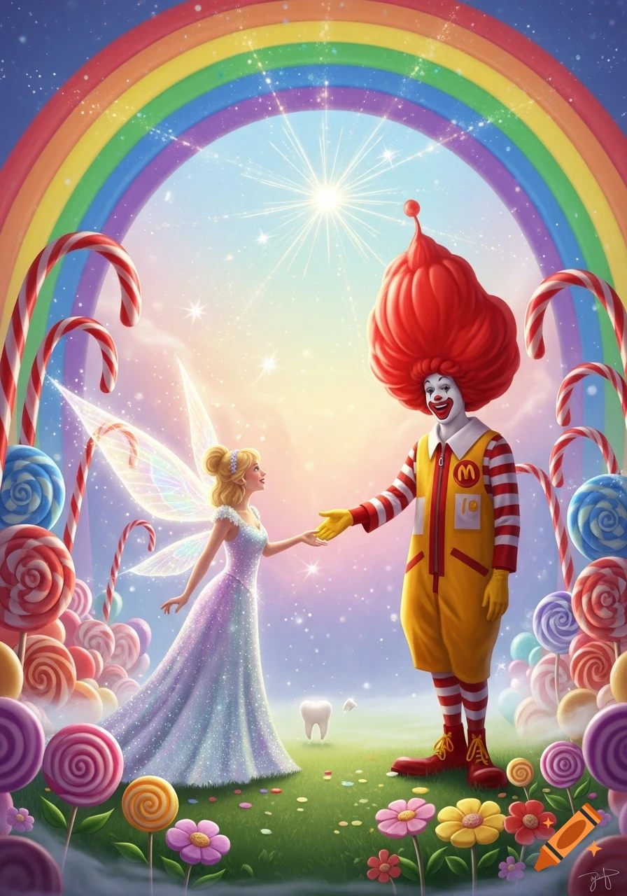 Ronald McDonald with a large red "balloon" head shakes hands with the Tooth Fairy in a whimsical candy land under a vibrant rainbow.