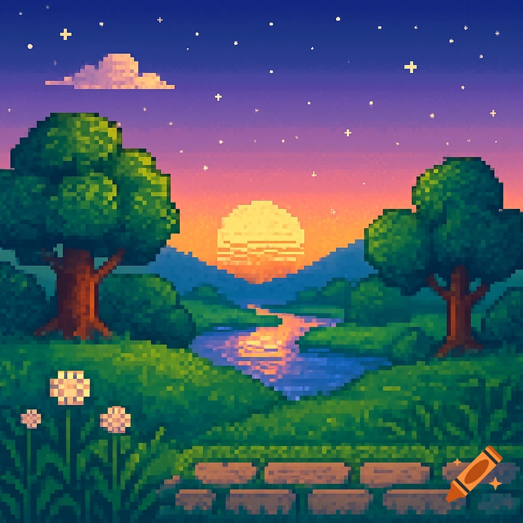 A vibrant pixel art landscape featuring a sunset over mountains, a winding river, green trees, and white flowers under a starry sky.
