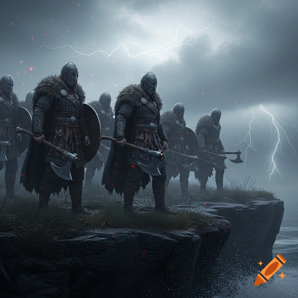 A group of armored Viking warriors stands on a cliff overlooking a stormy ocean with lightning in the dark sky. They hold axes and shields.