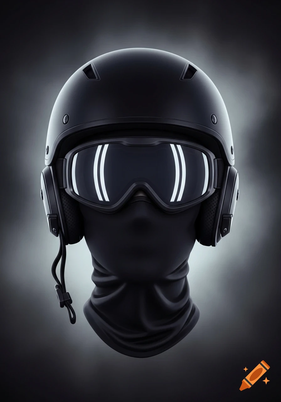 A stylized close-up of a black ski helmet, black balaclava, and reflective ski goggles against a dark background.