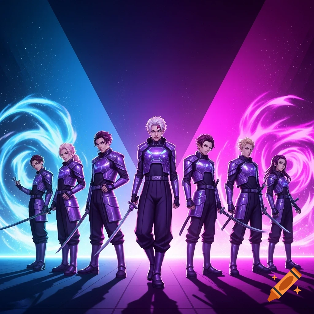 Six anime-style characters in purple armor with swords stand against a blue, purple, and pink background with swirling energy.