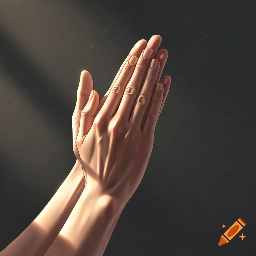 Two hands clasped together in a praying gesture, illuminated by a beam of light from above in an artistic style.