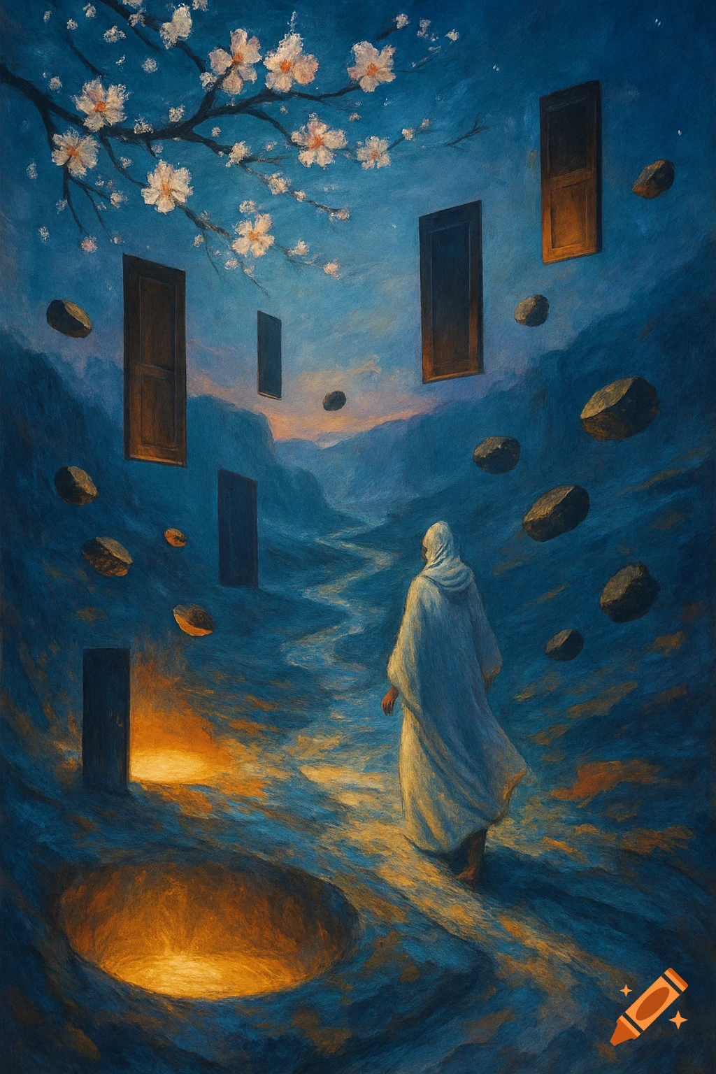 A robed figure walks through a surreal, painterly landscape with floating doors, rocks, and a cherry blossom branch overhead.