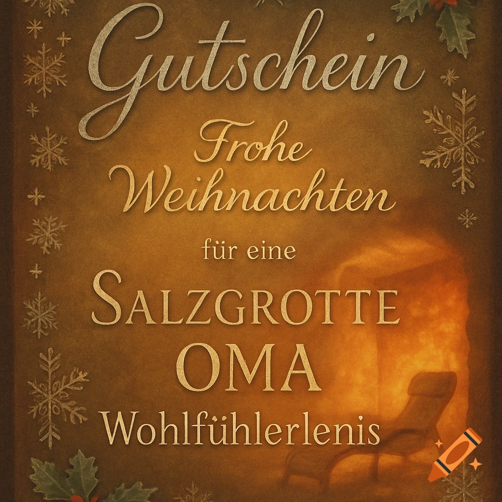 A vintage-style Christmas gift voucher with golden German text, snowflakes, holly, and a subtle background image of a salt room.