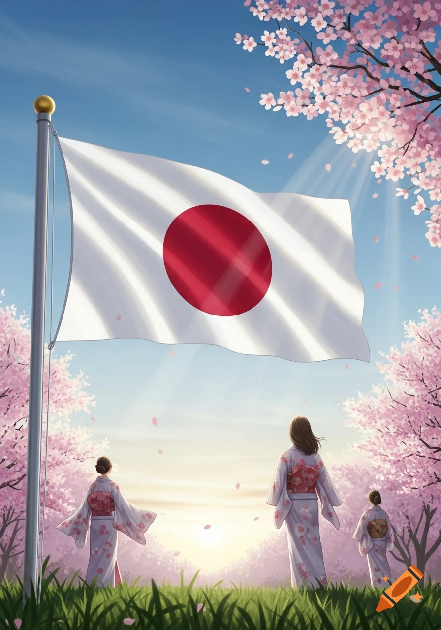 Three people in kimonos look at the Japanese flag flying high amidst blooming cherry trees under a bright sky, illustration.