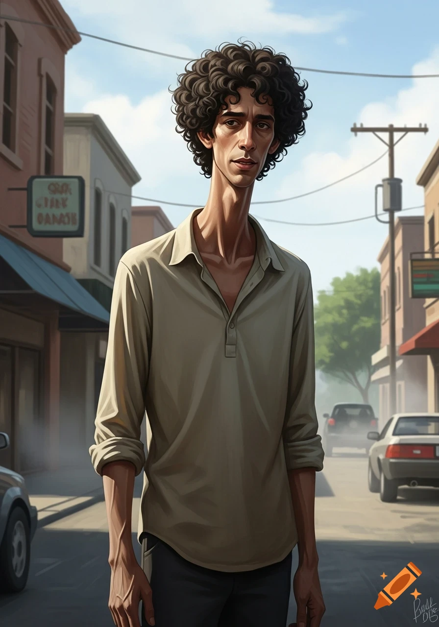 Stylized illustration of a tall, lanky man with dark curly hair and a long neck, wearing a beige collared shirt, standing on a street with buildings and cars in the background.