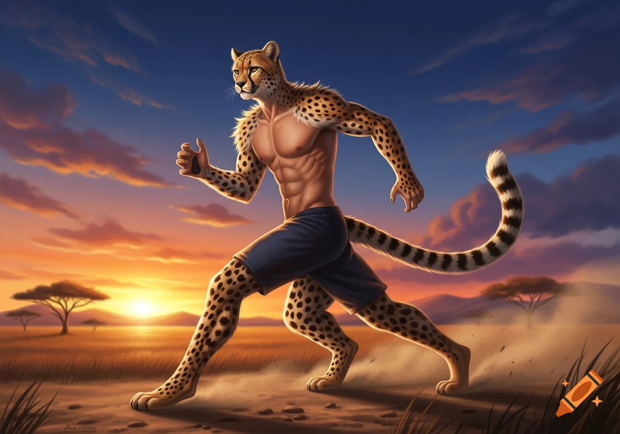 Muscular anthropomorphic cheetah-man running through a savanna at sunset, illustrated.
