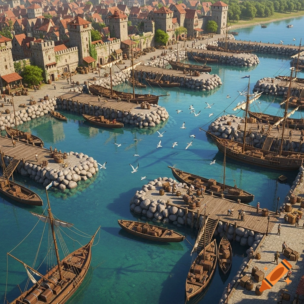 Aerial view of a bustling medieval harbor with many wooden ships docked along stone piers, surrounded by a walled city.