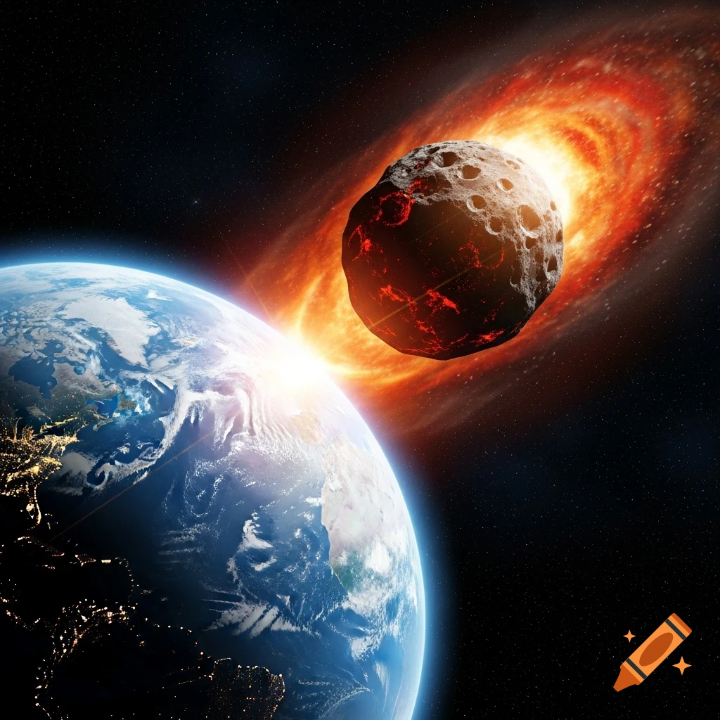 A fiery asteroid streaks towards Earth in space, with the sun rising over the planet's horizon.