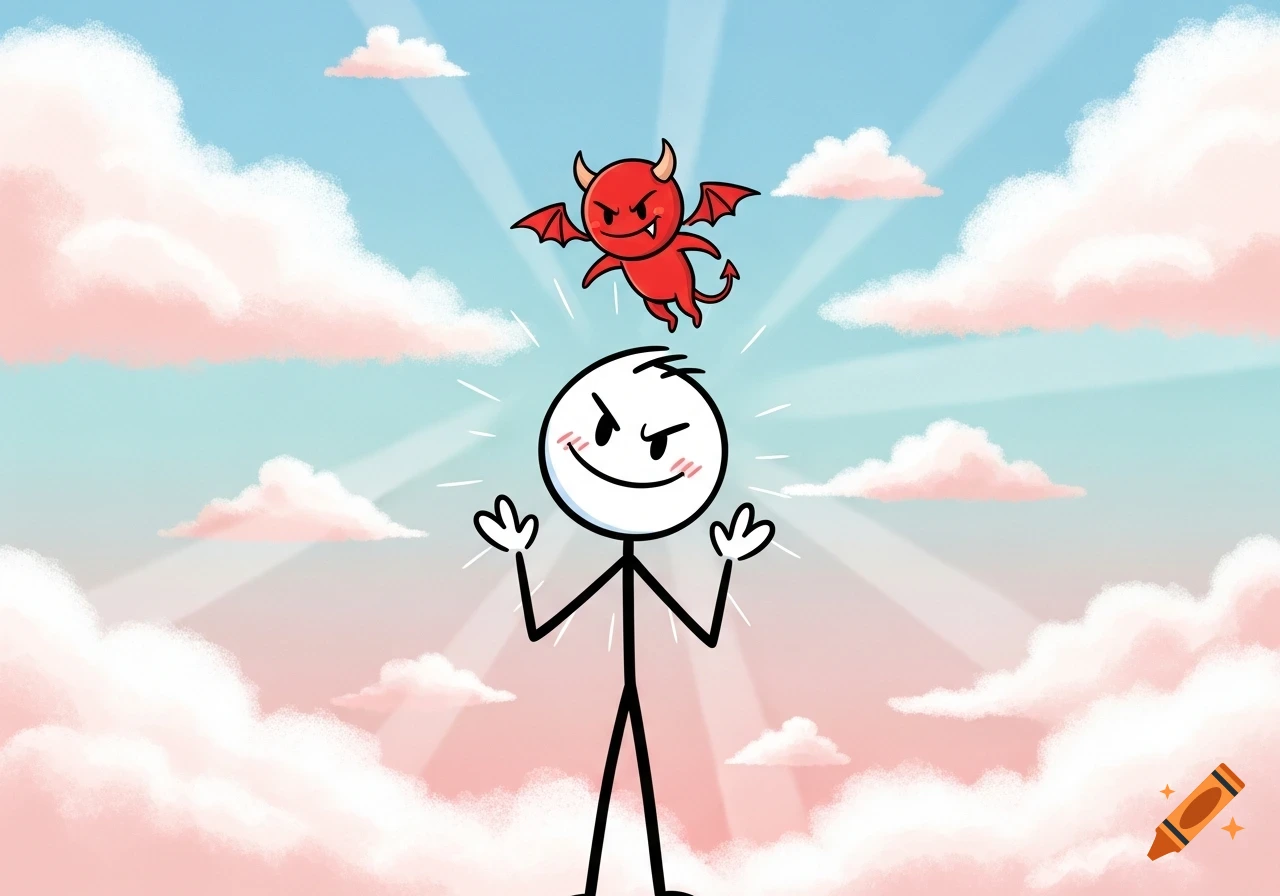 Cartoon illustration of a mischievous stick figure with a small red devil floating above its head in a cloudy sky.
