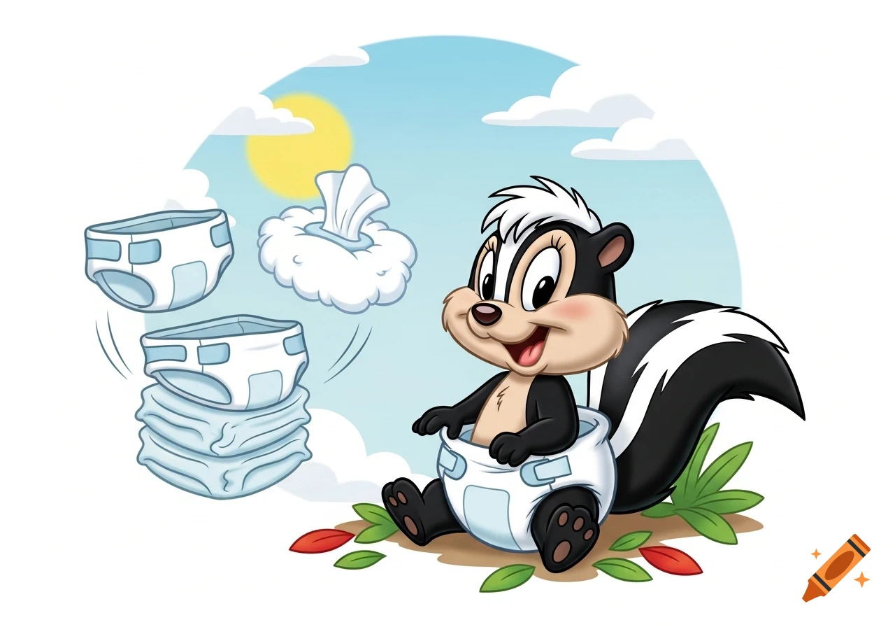 A happy cartoon baby skunk sits in a diaper, with a stack of diapers and a baby wipe cloud in the background under a sunny sky.
