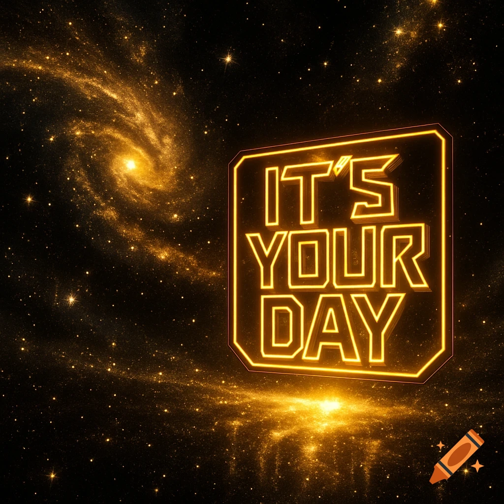 A black and gold starry galaxy background with a prominent glowing neon sign in the foreground that reads 'IT'S YOUR DAY'.
