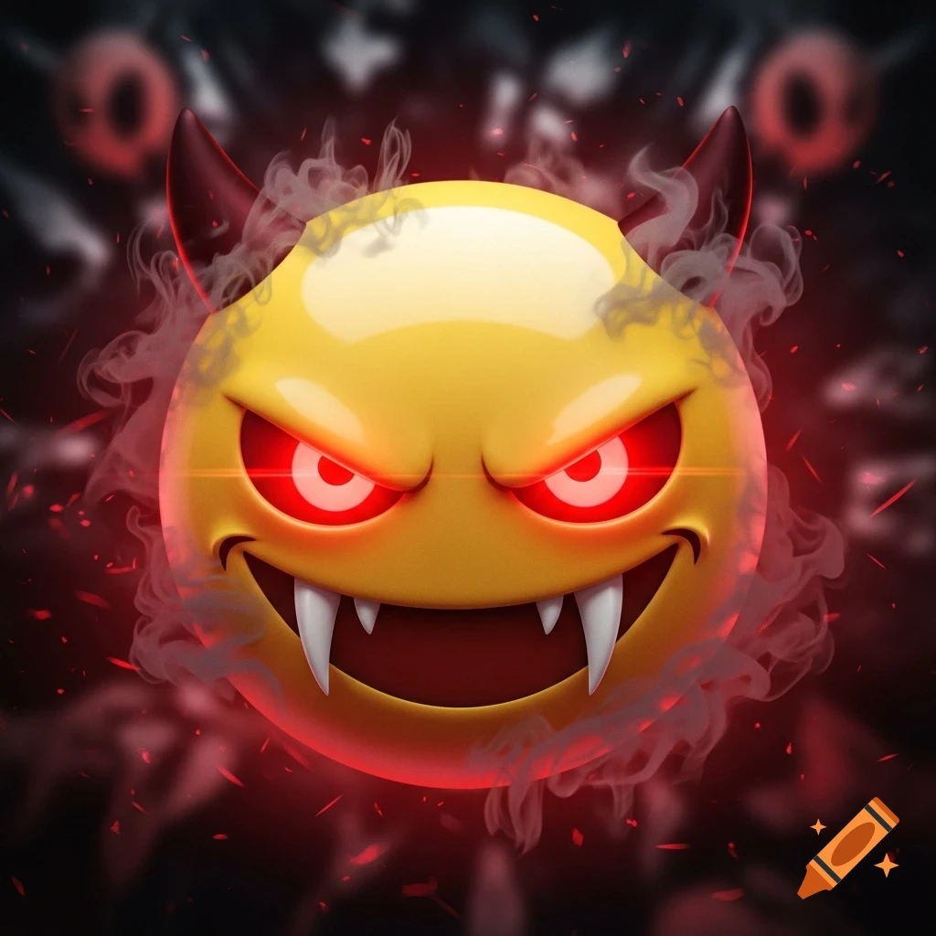 An evil emoji with red glowing eyes, fangs, devil horns, and smoke emanating from its head on a dark, red-tinged background.