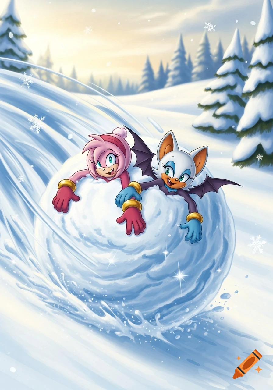 Cartoon characters Amy Rose and Rouge the Bat smiling as they roll down a snowy hill in a giant snowball, with pine trees in the background.