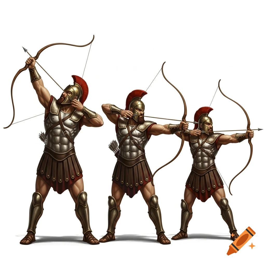 Three strong, armored archers drawing bows, ready to fire arrows, against a white background.