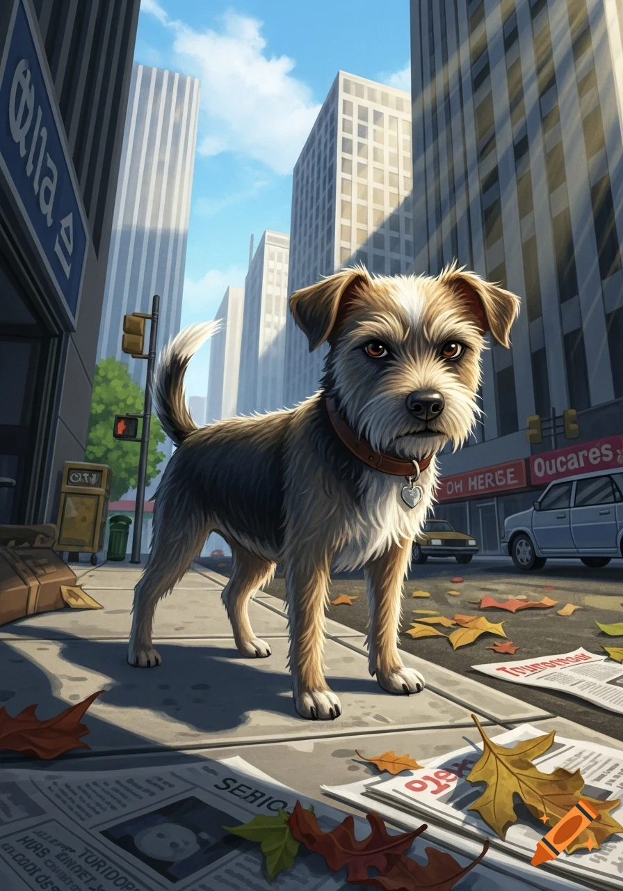 A scruffy terrier dog stands on a city sidewalk littered with newspapers and autumn leaves. Tall buildings rise in the background under a blue sky.