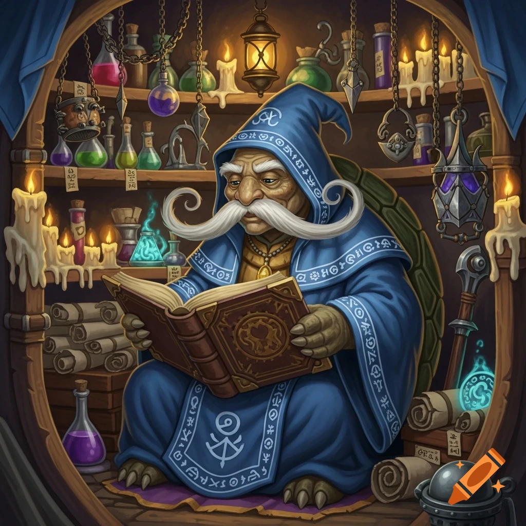 A tortle wizard with a long white mustache, wearing blue robes, sits reading an ornate book in a cozy alchemist's study.