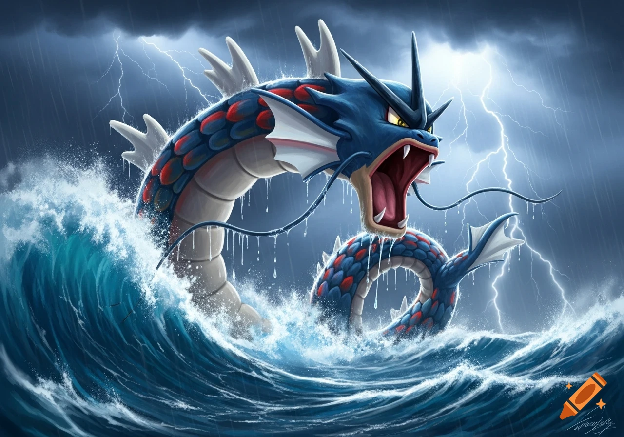 A giant blue Gyarados with red scales roars, emerging from a stormy ocean under a lightning-filled, dark sky.