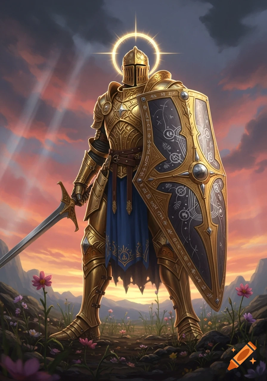 A golden armored knight with a large shield and sword, standing in a field of flowers under a dramatic sky with a halo above their head, in a fantasy art style.