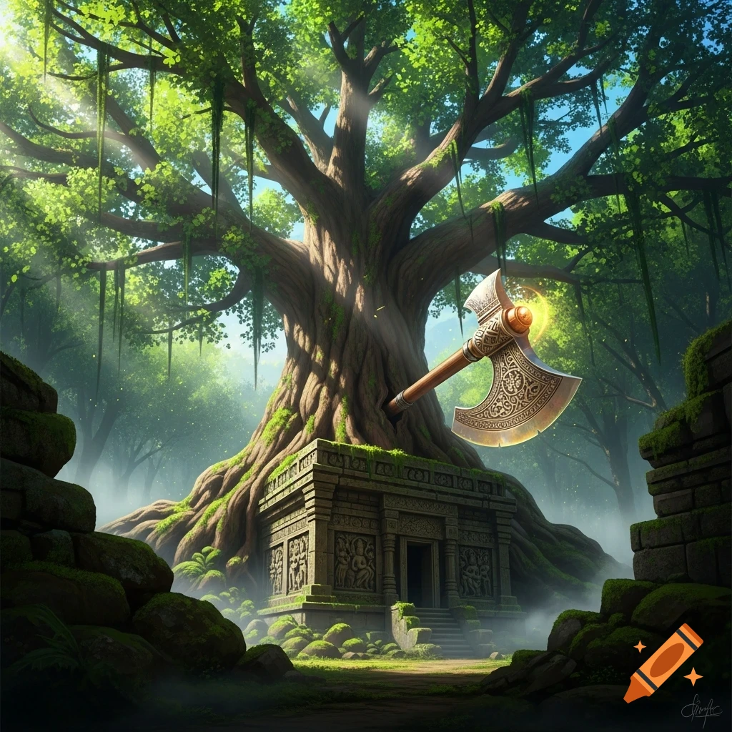 A massive ancient tree with a glowing ornate axe stuck in its trunk, towering over mossy temple ruins in a lush, misty fantasy forest.