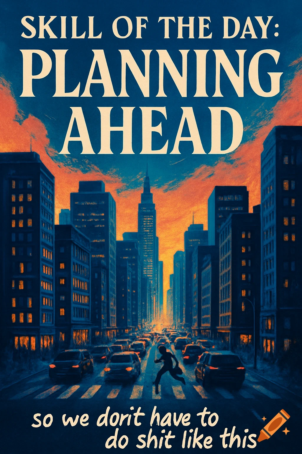 Vintage-style poster with a nighttime city street, a person running across a crosswalk, and towering buildings under an orange and blue sky. Text reads 'SKILL OF THE DAY: PLANNING AHEAD so we dorit have to do shit like this'.