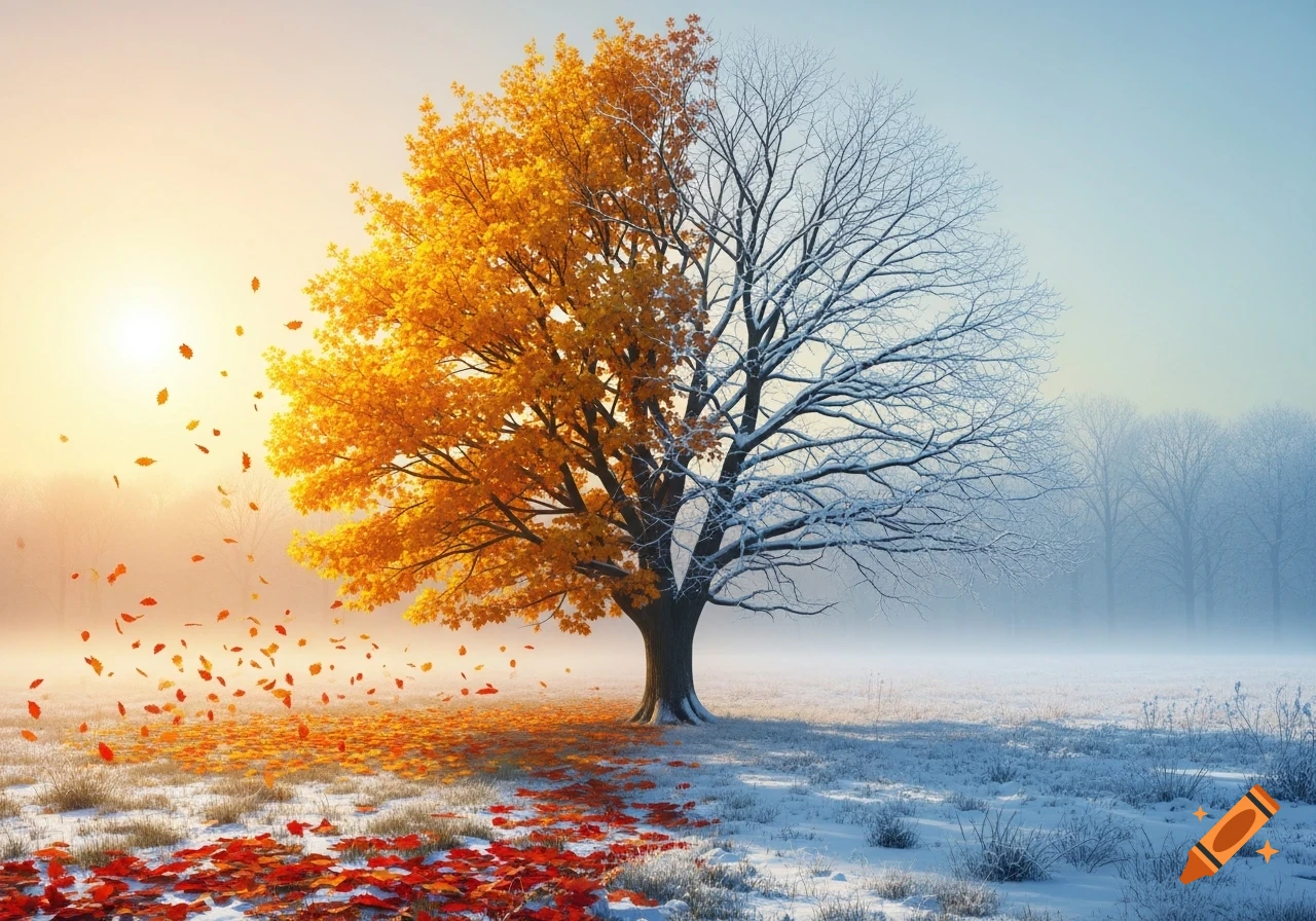 A single tree dramatically split, half in golden autumn leaves and half bare with snow, on a frosty landscape.