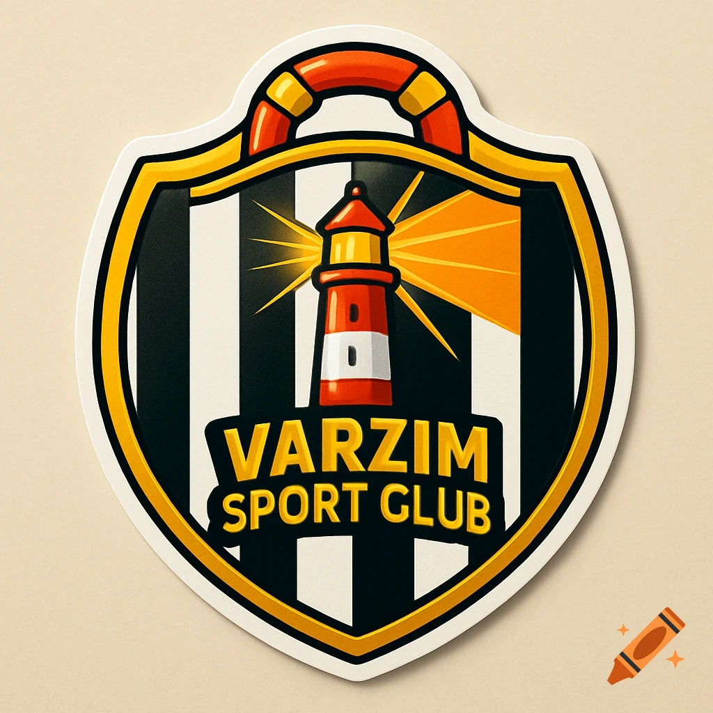 A shield-shaped sticker logo for Varzim Sport Club, featuring a lighthouse with radiating light, black and white stripes, and a lifebuoy.