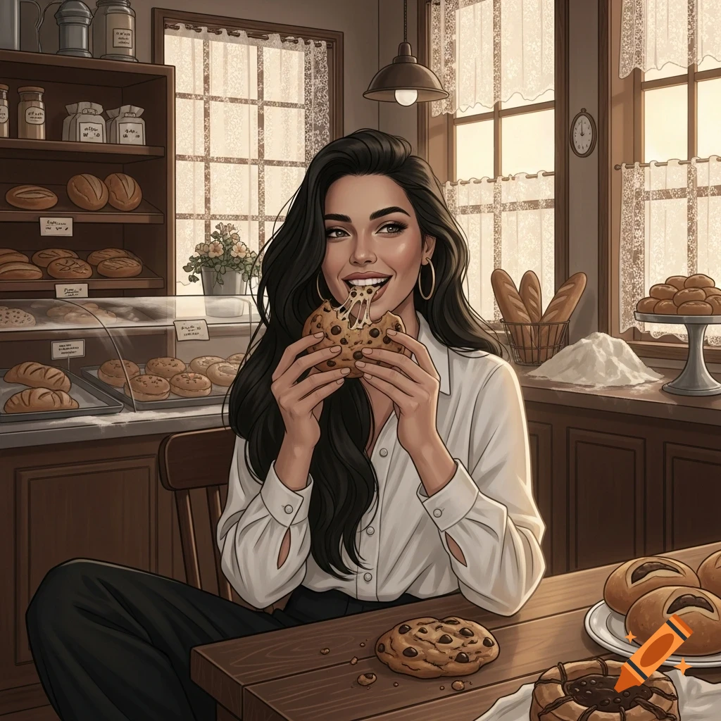 Illustrated woman with dark hair happily eating a gooey chocolate chip cookie in a cozy bakery.