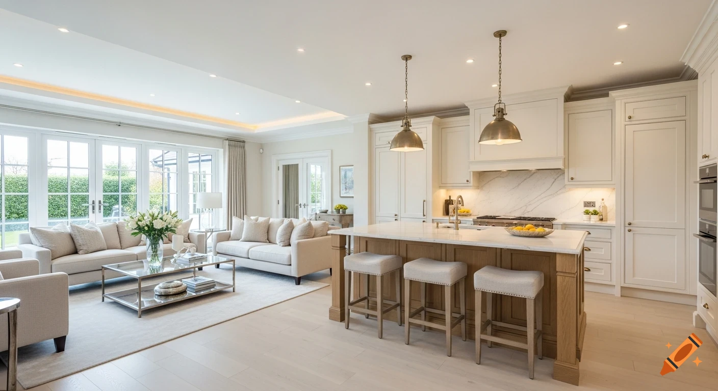 Bright, elegant open-plan living room and kitchen with cream sofas, a glass coffee table, white cabinets, a wooden island, and French doors.