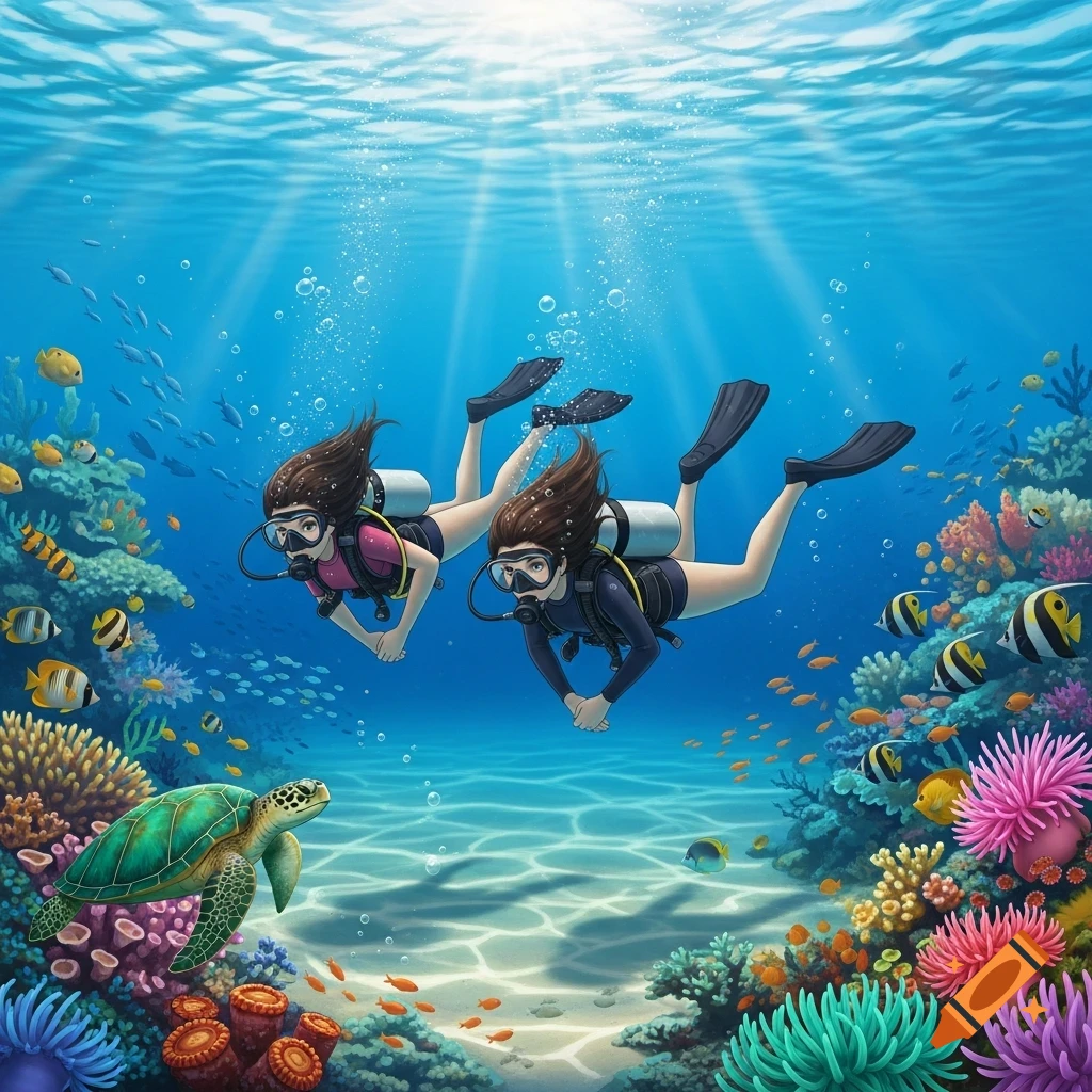 Two anime-style women scuba dive among a vibrant coral reef with colorful fish and a sea turtle.