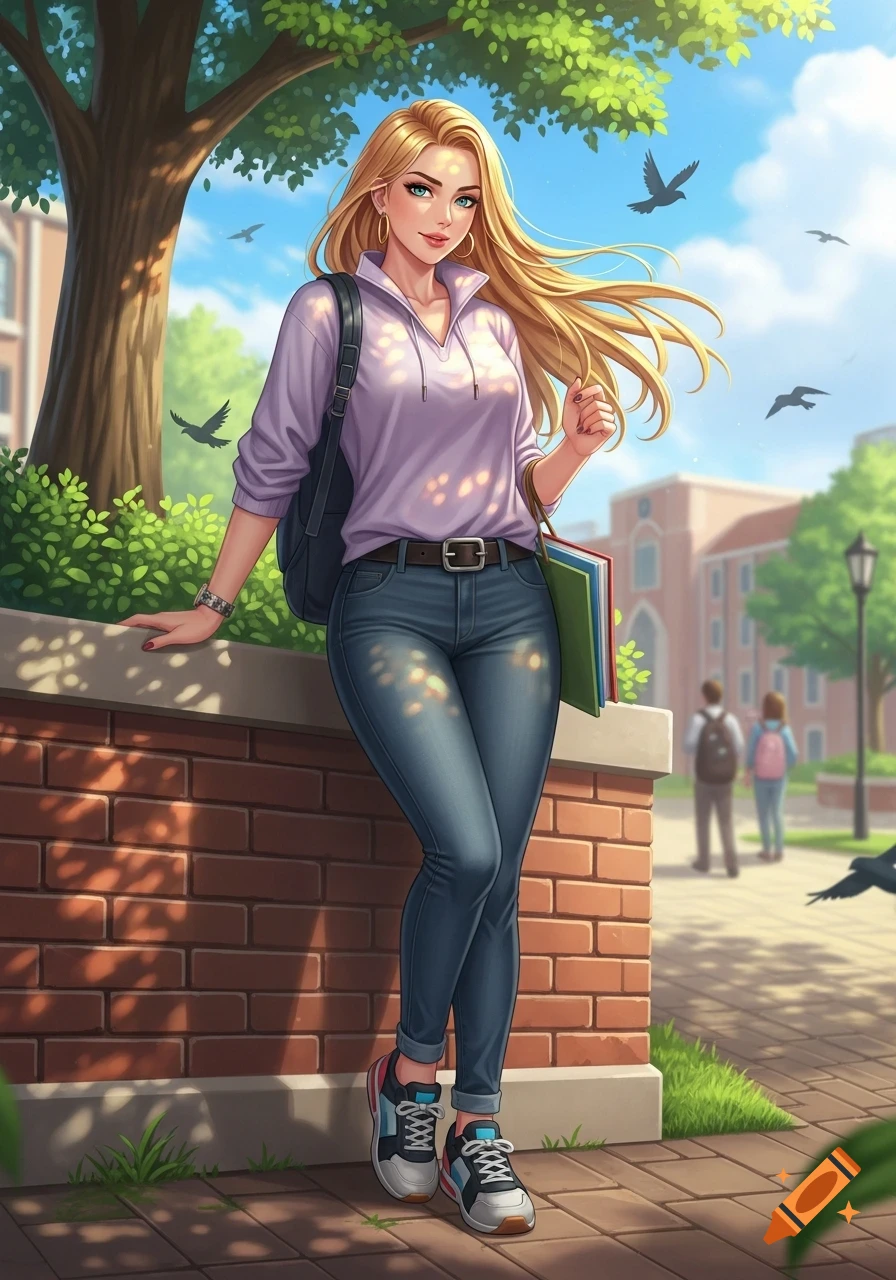 Anime-style young woman with blonde hair, blue-green eyes, wearing a purple hoodie, jeans, and sneakers, stands on a sunny college campus, leaning on a brick wall while holding books and a backpack.