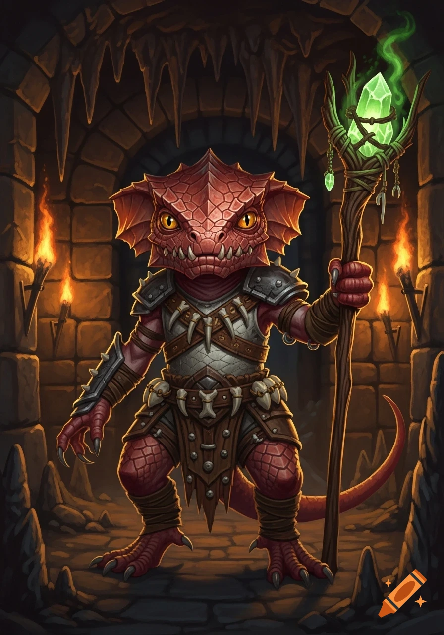 A red-scaled D&D Kobold warrior in armor holds a glowing green crystal staff in a torch-lit dungeon.