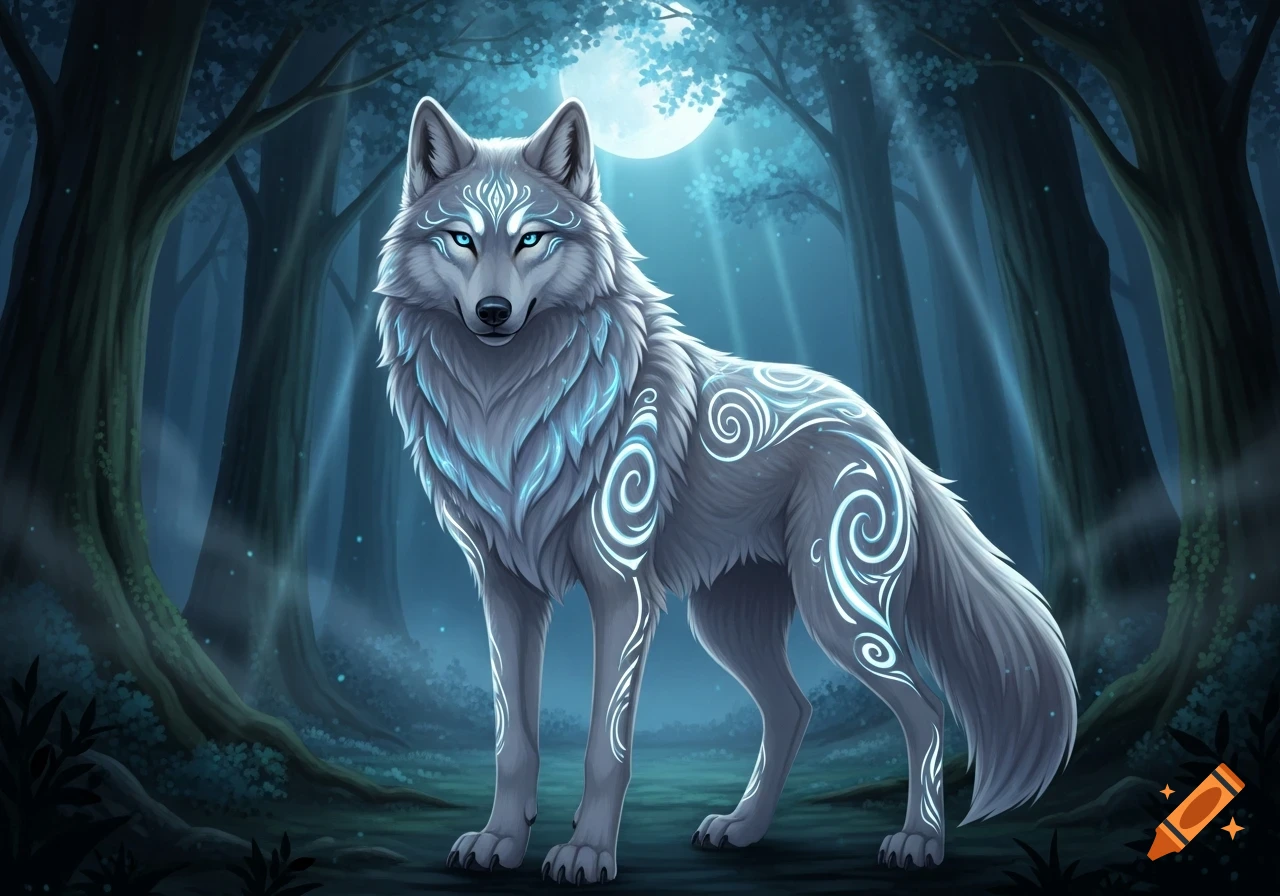 A majestic white and gray wolf with glowing blue eyes and mystical swirls on its fur stands in a moonlit fantasy forest.