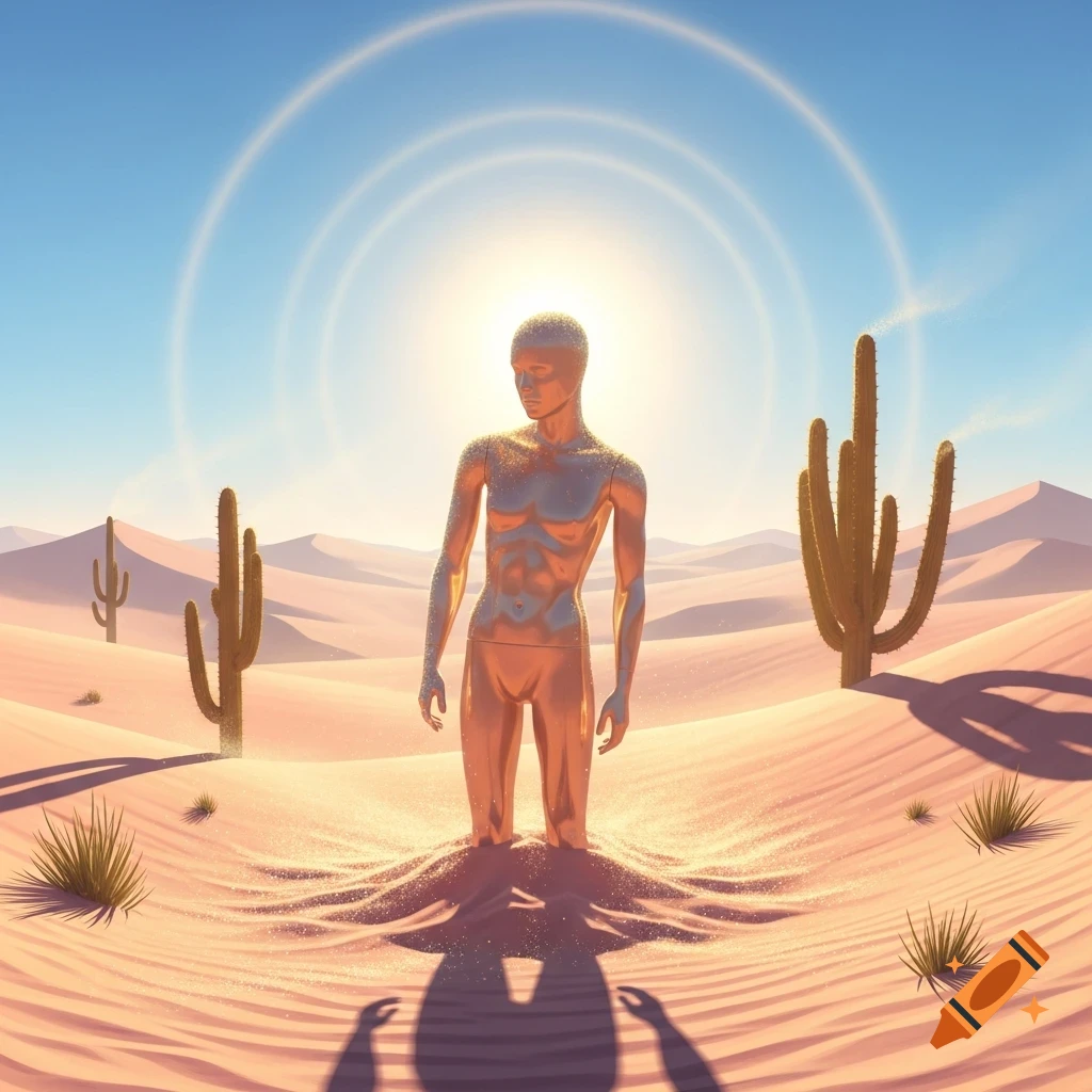 A metallic mannequin stands half-submerged in sand in a vast desert landscape with cacti under a bright sun and radiating rings.