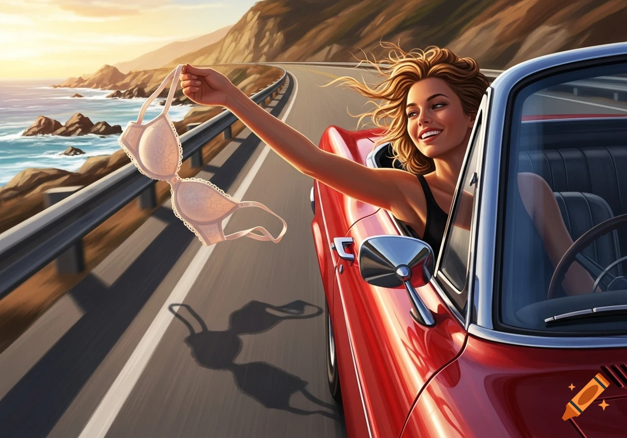 Smiling woman with blonde hair throws a white bra out of a red convertible on a coastal road at sunset, stylized art.