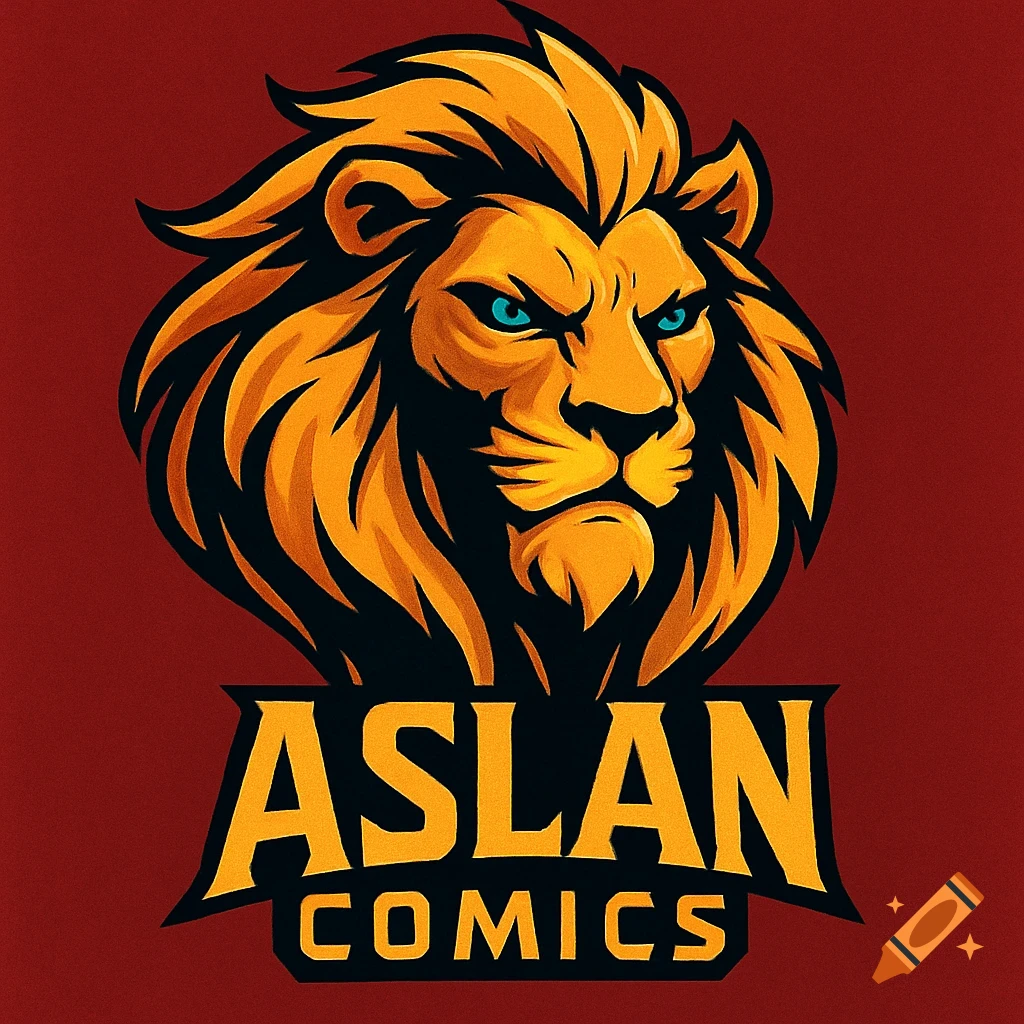 A stylized logo of a fierce orange and black lion's head with blue eyes above the words 'ASLAN COMICS' on a red background.