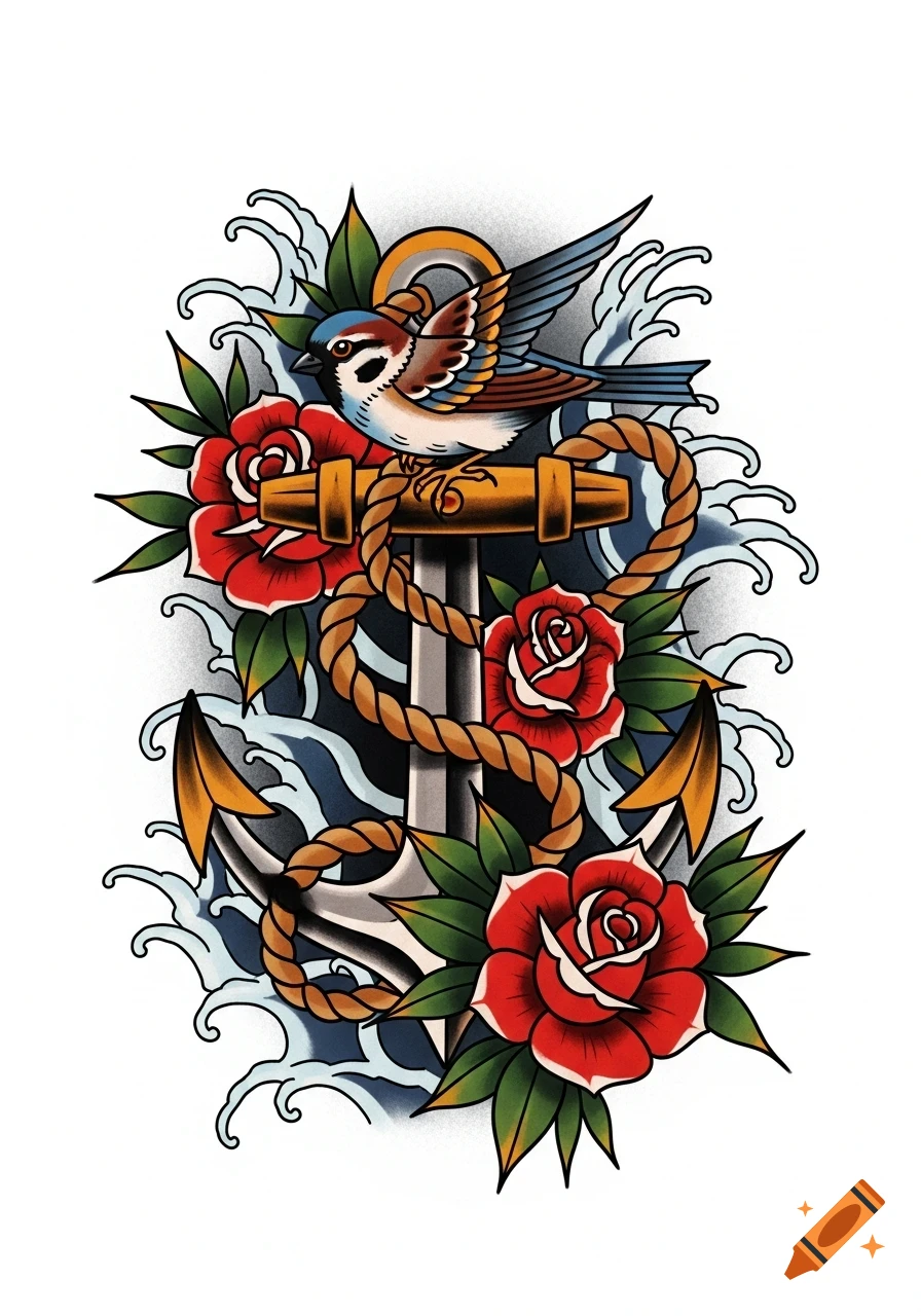An American traditional tattoo illustration featuring a sparrow perched on an anchor, surrounded by red roses and stylized waves.