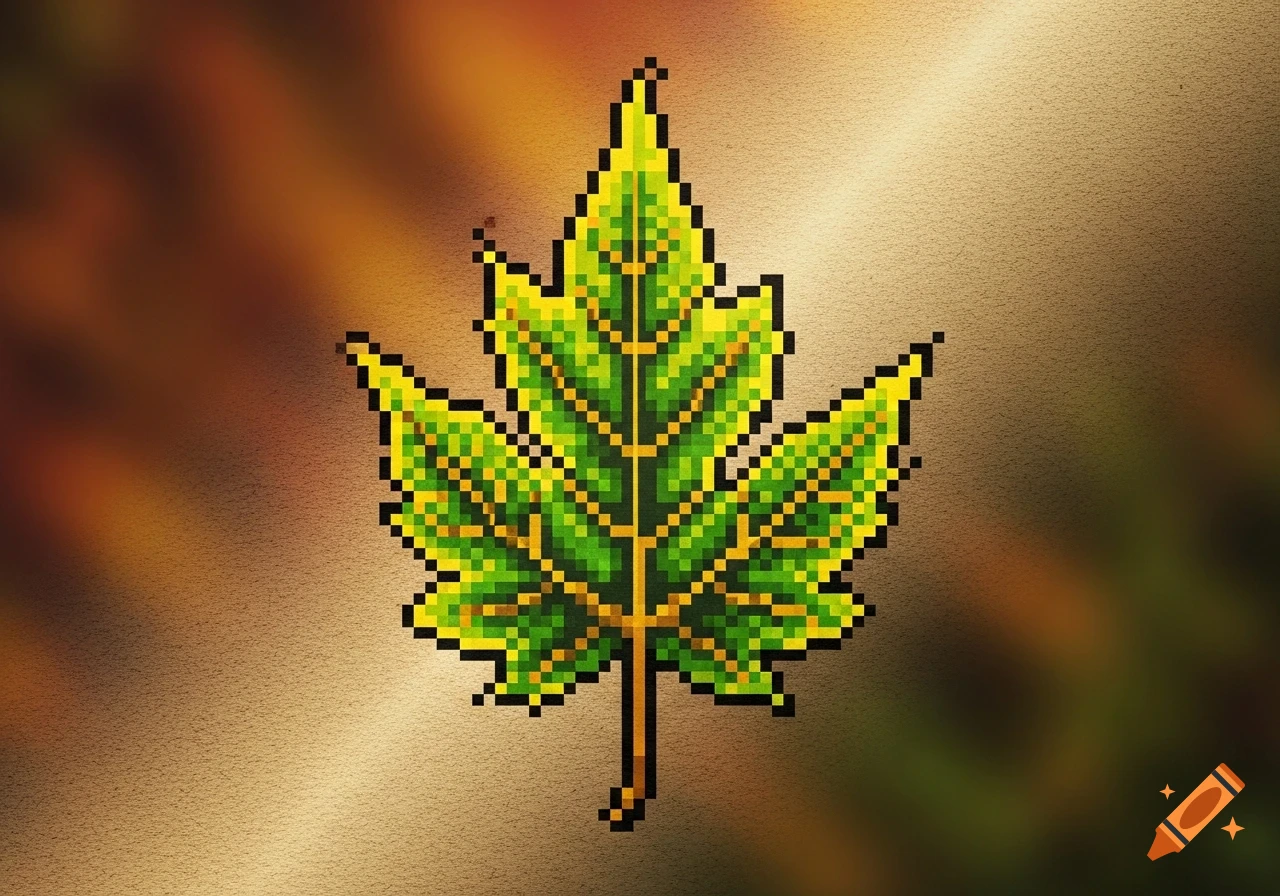 A pixelated green and yellow maple leaf with a black outline, centered against a blurred brown and gold background.