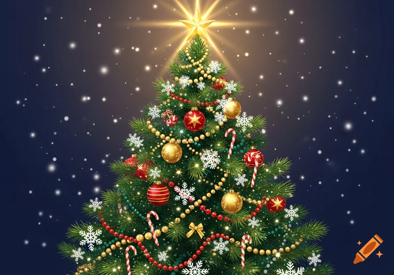 Vibrant, detailed illustration of a decorated Christmas tree with a glowing star, red and gold ornaments, candy canes, beads, and falling snow.