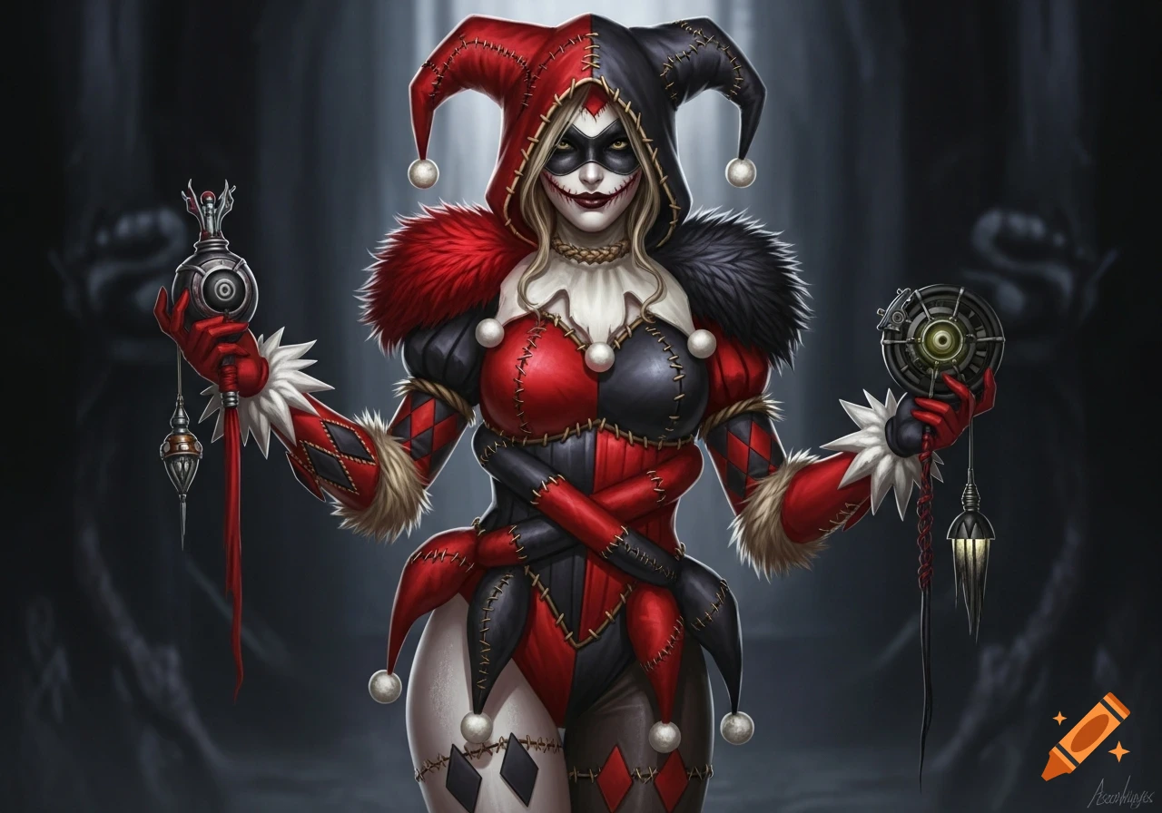 A female supervillain in a red and black jester costume, wearing an eerie mask and holding fear-themed gadgets, in a highly detailed character art style.